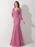 Mermaid/Trumpet V-Neck 3/4 Sleeves Tulle Long Mother of the Bride Dresses with Applique Beading