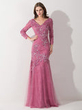 Mermaid/Trumpet V-Neck 3/4 Sleeves Tulle Long Mother of the Bride Dresses with Applique Beading