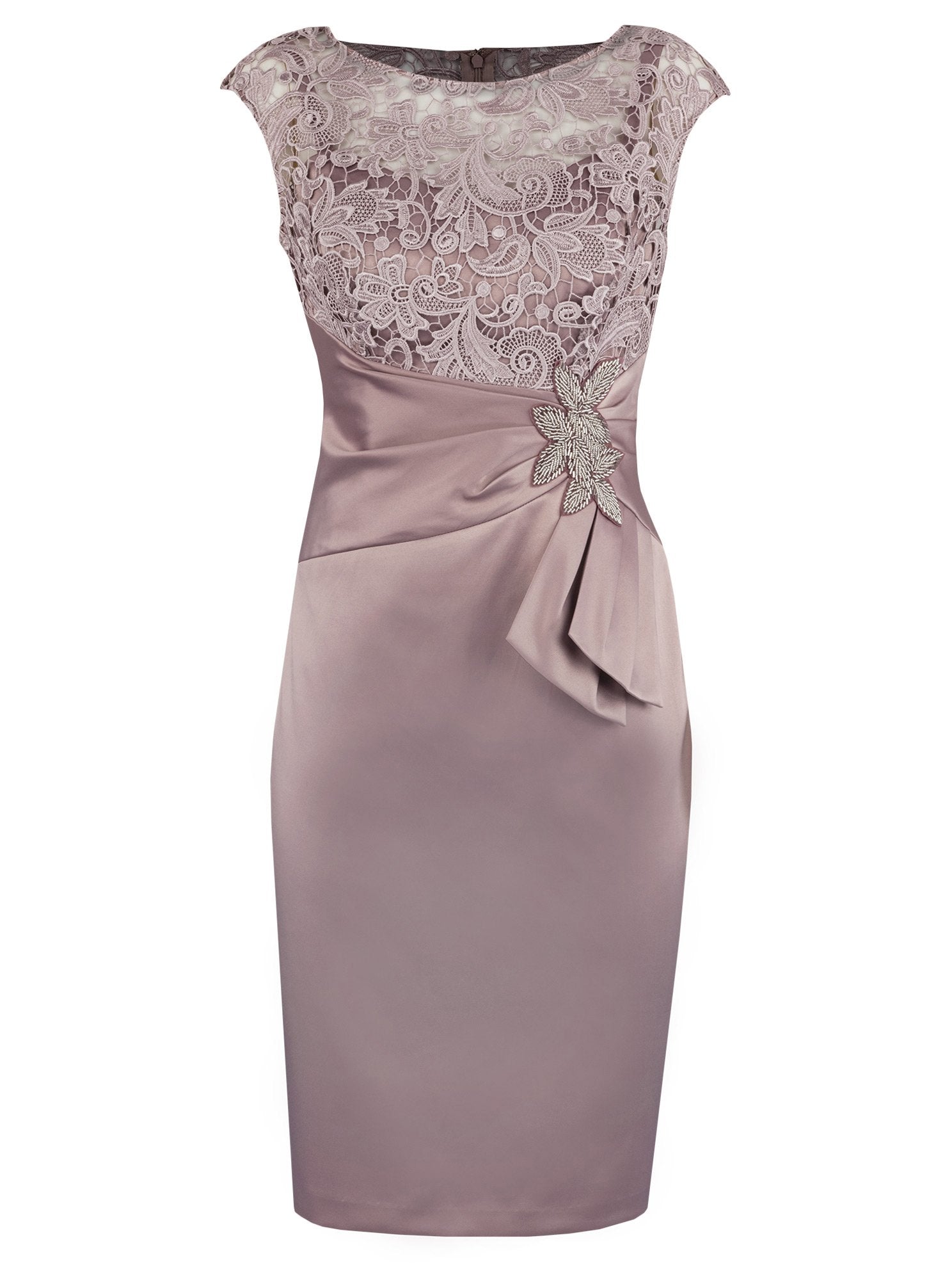 Sheath/Column Bateau Cap Sleeves Satin Knee Length Mother of the Bride Dresses with Beading Lace