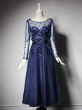A-Line/Princess Scoop Long Sleeves Tulle Long Mother of the Bride Dresses with Beading
