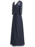 A-Line/Princess V-Neck Long Sleeves Chiffon Long Mother of the Bride Dresses with Lace