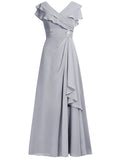 A-Line/Princess V-Neck Cap Sleeves Chiffon Long Mother of the Bride Dresses with Rhinestone