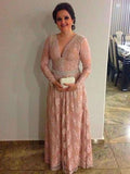 A-Line/Princess V-Neck Long Sleeves Lace Long Mother of the Bride Dresses with Pearls