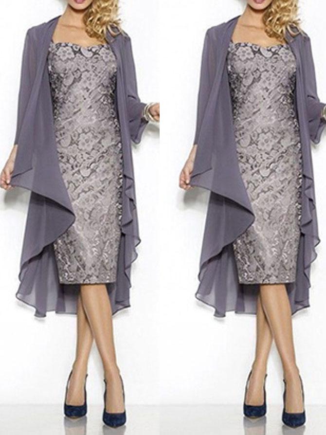 Sheath/Column Square Cap Sleeves Lace Knee Length Mother of the Bride/Groom Dresses with Shawl