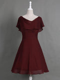 A-Line/Princess Cowl Cap Sleeves Chiffon Knee Length Mother of the Bride Dresses with Pleats Ruffles