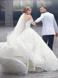Ball Gown Off-the-Shoulder Court Train Short Sleeves Tulle Wedding Dresses