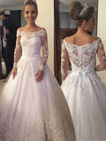 Ball Gown Off-the-Shoulder Court Train Long Sleeves Tulle Wedding Dresses