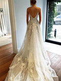 A-Line/Princess Spaghetti Straps Sweep Train Sleeveless Tulle Wedding Dresses