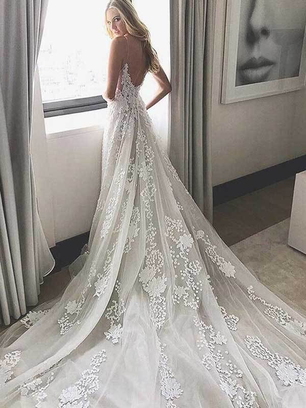 A-Line/Princess Spaghetti Straps Sweep Train Sleeveless Tulle Wedding Dresses