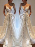 A-Line/Princess Spaghetti Straps Sweep Train Sleeveless Tulle Wedding Dresses