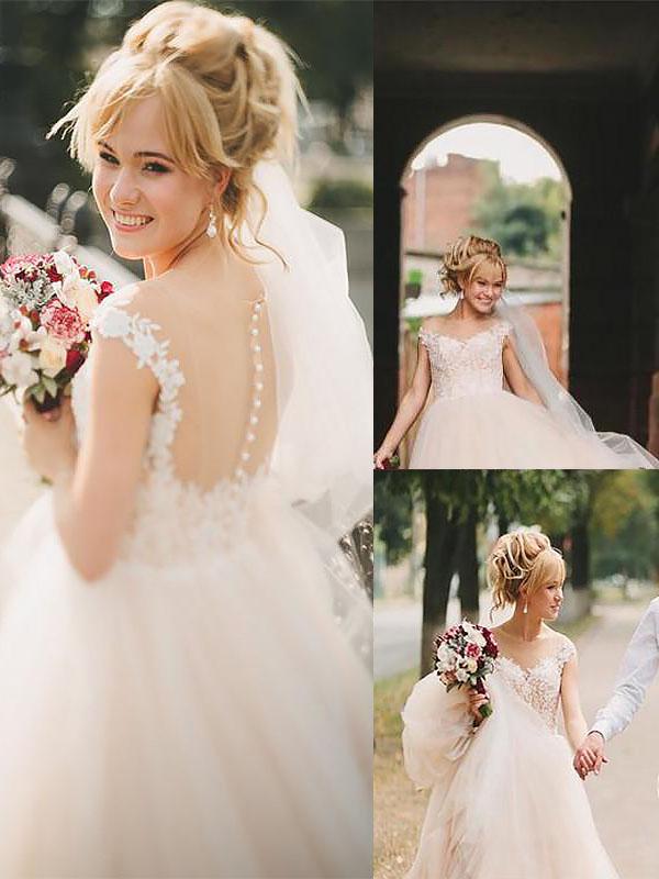 A-Line/Princess Scoop Court Train Sleeveless Tulle Wedding Dresses