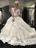 Ball Gown V-neck Court Train Long Sleeves Tulle Wedding Dresses