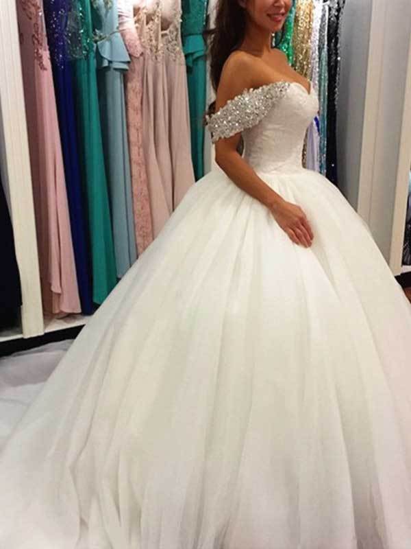 Ball Gown Off-the-Shoulder Sweep Brush Train Sleeveless Tulle Wedding Dresses with Beading