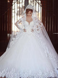 Ball Gown Off-the-Shoulder Court Train Long Sleeves Tulle Wedding Dresses