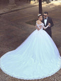 Ball Gown Off-the-Shoulder Court Train Long Sleeves Tulle Wedding Dresses