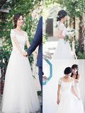 A-Line/Princess Bateau Sweep/Brush Train Short Sleeves Tulle Wedding Dresses