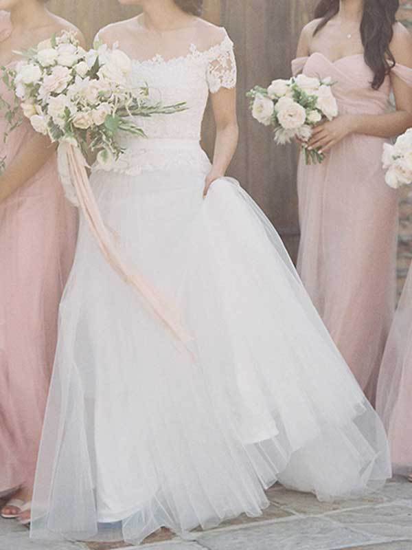 A-Line/Princess Bateau Sweep/Brush Train Short Sleeves Tulle Wedding Dresses