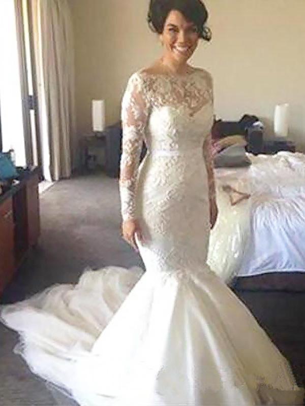 A-Line/Princess Bateau Court Train Long Sleeves Tulle Wedding Dresses