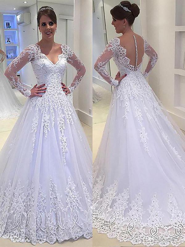 A-Line/Princess V-neck Court Train Long Sleeves Tulle Wedding Dresses with Applique