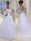 A-Line/Princess V-neck Court Train Long Sleeves Tulle Wedding Dresses with Applique