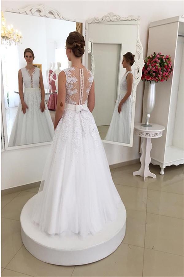 A-Line/Princess V-neck Sweep/Brush Train Sleeveless Tulle Bridal Gown Dessiny A-Line/Princess V-neck Sweep/Brush Train Sleeveless Tulle Bridal Gown Dessiny