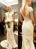 Sheath/Column V-neck Sweep/Brush Train Short Sleeves Wedding Dresses