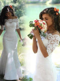 Trumpet/Mermaid Off-the-Shoulder Sweep/Brush Train 1/2 Sleeves Wedding Dresses with Lace