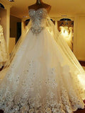 Ball Gown Sweetheart Court Train Sleeveless Tulle Wedding Dresses with Beading