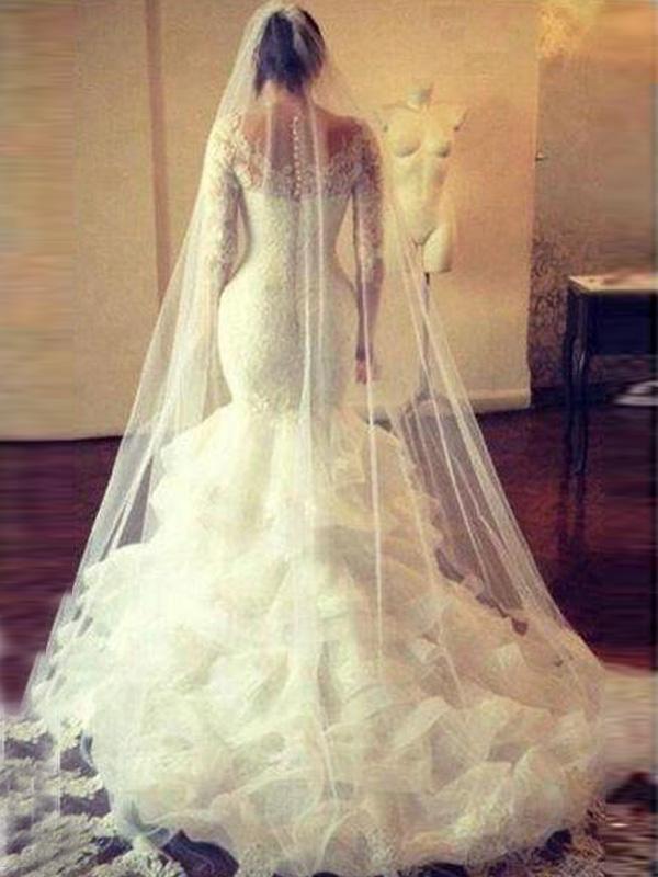 Trumpet/Mermaid Scoop Court Train Long Sleeves Tulle Bridal Gown with Lace