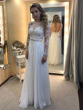 A-Line/Princess Bateau Floor-Length Long Sleeves Chiffon Wedding Dresses with Lace