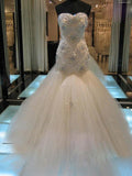 Trumpet/Mermaid Sweetheart Court Train Sleeveless Tulle Wedding Dresses with Beading