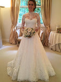 Ball Gown High Neck Court Train Long Sleeves Lace Bride Dresses with Lace