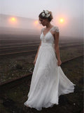 A-Line/Princess V-neck Floor-Length Sleeveless Chiffon Wedding Dresses with Lace