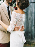 Sheath/Column Off-the-Shoulder Sweep/Brush Train 3/4 Sleeves Wedding Dresses with Bowknot