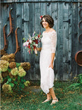 Sheath/Column Off-the-Shoulder Sweep/Brush Train 3/4 Sleeves Wedding Dresses with Bowknot