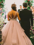 Ball Gown Scoop Sweep/Brush Train Sleeveless Organza Wedding Dresses with Beading