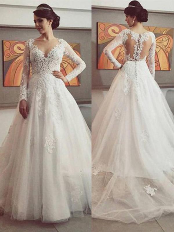 Ball Gown V-neck Court Train Long Sleeves Tulle Wedding Dresses with Lace