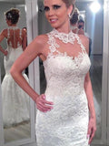 Trumpet/Mermaid High Neck Floor-Length Sleeveless Tulle Bridal Dresses with Lace
