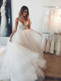 Ball GownSpaghetti Straps Court Train Sleeveless Tulle Wedding Dresses with Crystal
