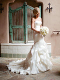 Trumpet/Mermaid Sweetheart Court Train Sleeveless Satin Bridal Dresses with Lace