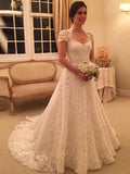 A-Line/Princess Sweetheart Court Train Short Sleeves Wedding Dresses with Lace