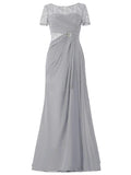 A-Line/Princess Scoop Short Sleeves Chiffon Long Mother of the Bride Dresses with Illusion