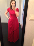 A-Line/Princess Scoop Short Sleeves Long Chiffon Mother of the Bride/Groom Dresses with Lace
