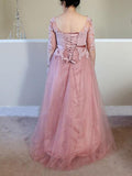 A-Line/Princess Bateau Half Sleeves Long Tulle Plus Size Mother of the Bride Dresses with Applique