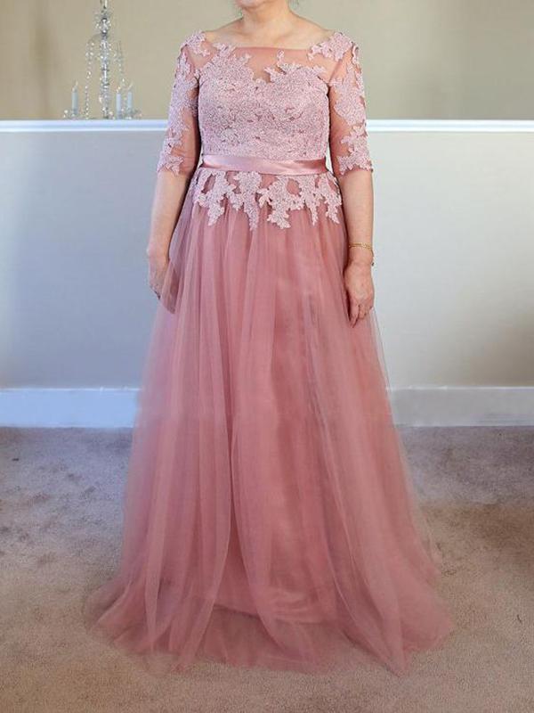 A-Line/Princess Bateau Half Sleeves Long Tulle Plus Size Mother of the Bride Dresses with Applique