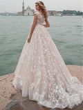 A-Line/Princess Scoop Court Train Cap Sleeves Tulle Wedding Dresses with Lace Applique