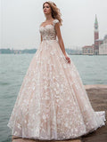 A-Line/Princess Scoop Court Train Cap Sleeves Tulle Wedding Dresses with Lace Applique