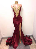Trumpet/Mermaid V-neck Sleeveless Sweep/Brush Train Satin Split Dresses with Applique Lace