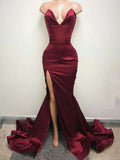 Trumpet/Mermaid V-neck Sleeveless Sweep/Brush Train Satin Prom Formal Dresses