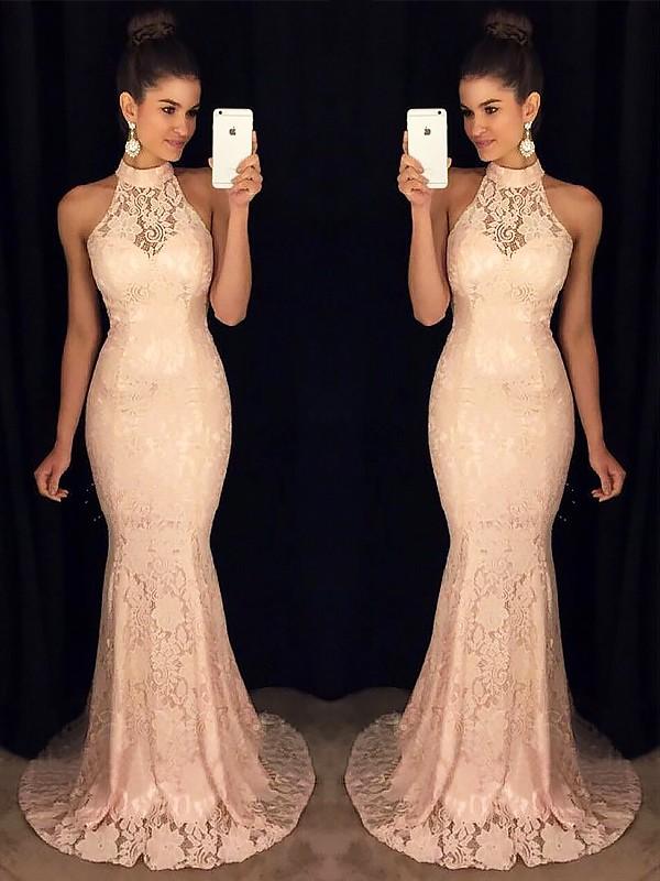 Trumpet/Mermaid High Neck Sleeveless Sweep/Brush Train Lace Prom Formal Dresses with Ruffles